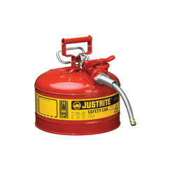 Justrite® Accuflow™ 7225120 Type II Safety Can With 5/8 in OD x 9 in L Metal Hose and Stainless Steel Flame Arrester, 2.5 gal Capacity, 11-3/4 in Dia x 12 in H, Steel, Red