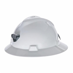 MSA V-Gard® 460069 Front/Full Brim Hat With Lamp Bracket and Cord Holder, SZ 6-1/2 Fits Mini Hat, SZ 8 Fits Max Hat, Polyethylene, 4-Point Staz-On® Suspension, ANSI Electrical Class Rating: Class C, ANSI Impact Rating: Type I, Pin Lock Adjustment