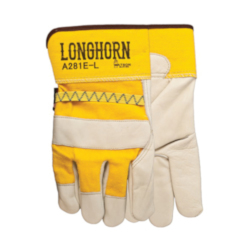 Watson A281E-L Longhorn General Purpose Gloves, Leather Palm, L, Full Grain Cowhide Leather Palm, Cotton/Full Grain Cowhide Leather, Yellow, Slip-On Cuff, Wing Thumb