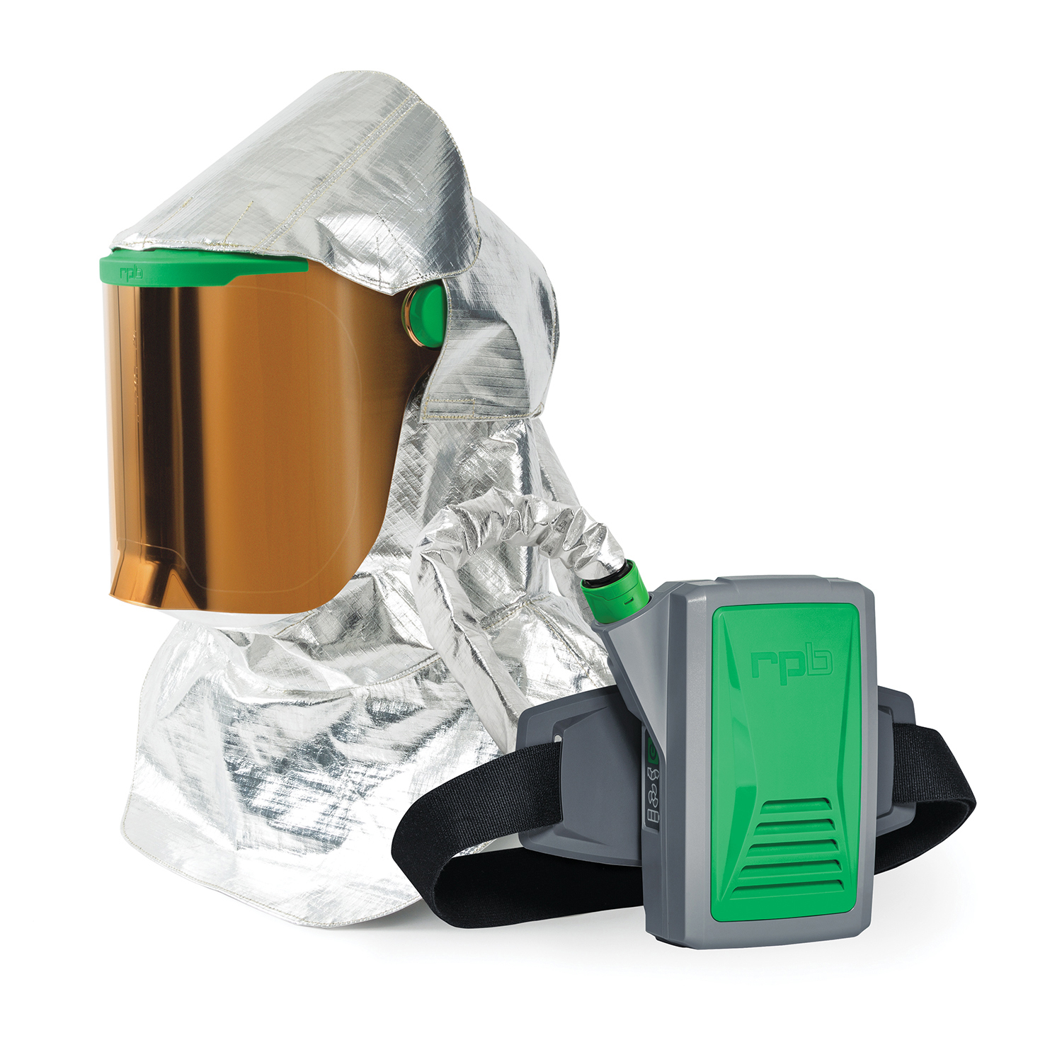 RPB® Z-Link® Radiant Heat Respirator - With Gold Visor, PX5® PAPR, Safety Lens, Aluminized shoulder cape and top, Rear, and Breathing tube covers