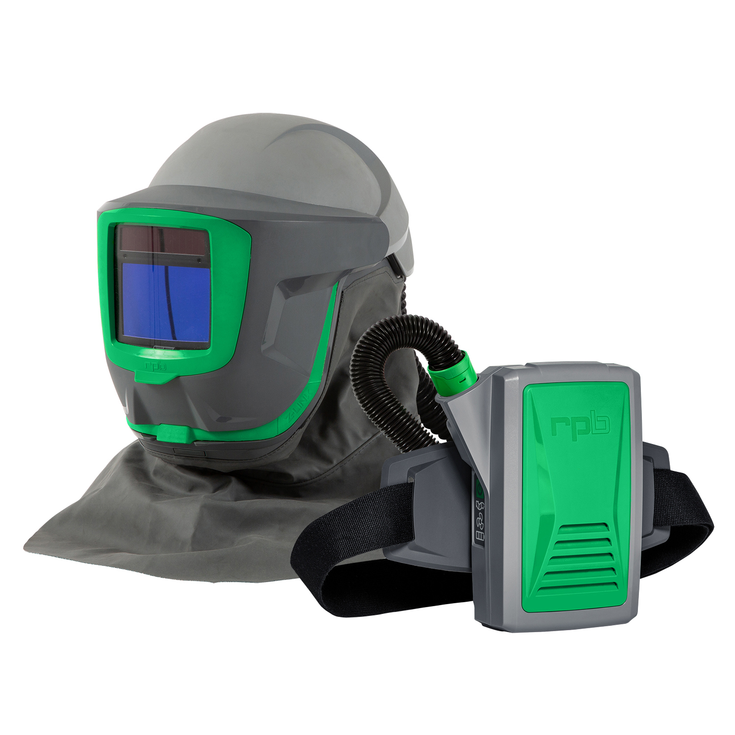 RPB® Z-Link®+ Respirator with Weld Visor, Zytec® FR Shoulder Cape, PX5® PAPR, Safety Lens, PAPR Waist Belt Assembly, and PAPR Breathing Tube