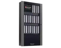Notifier N16X intelligent fire alarm control panel with a black wall-mounted cabinet, integrated touchscreen display, and modular system architecture.