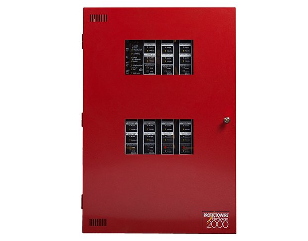 Red fire alarm control panel cabinet with a red steel enclosure, lockable door, and two viewing windows displaying internal control modules. Protectowire 2000 and is designed for commercial and industrial fire detection and alarm system management