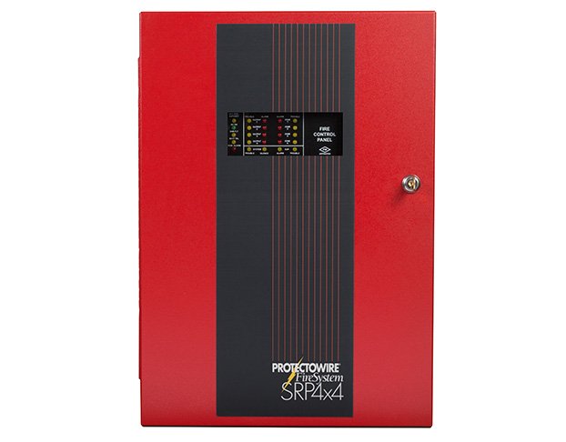 Red Protectowire SRP4x4 fire alarm control panel with a lockable steel enclosure, front status indicator display, and integrated control panel interface. Designed for industrial fire detection and alarm monitoring applications.