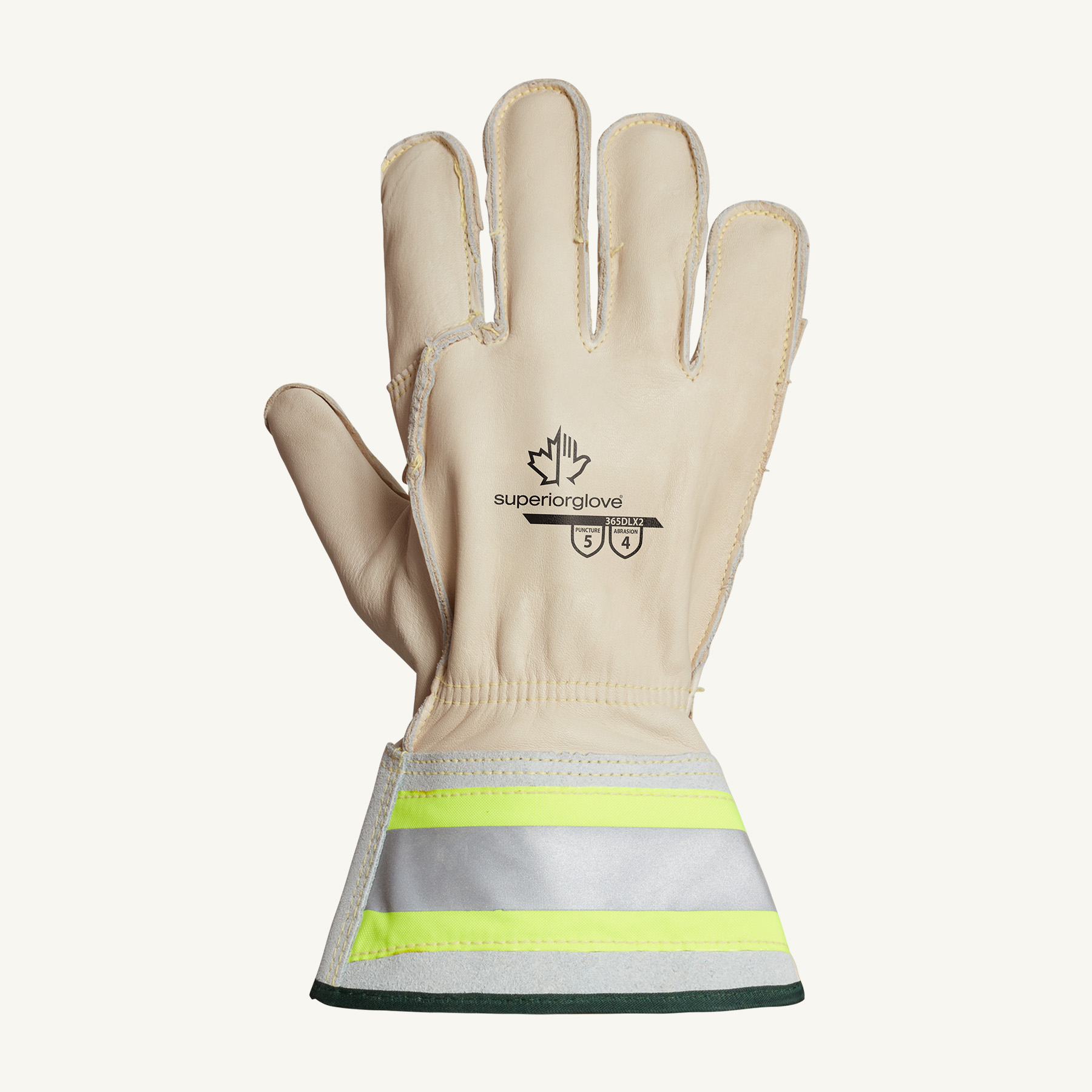 Endura® 365DLX2S 365DLX2 Deluxe General Purpose Gloves, Lineman/Rigging, Grain Horsehide Leather Palm, Kevlar®, Beige/Hi-Viz Yellow, Reflective Gauntlet Cuff, Resists: Oil, Puncture, Stain and Water