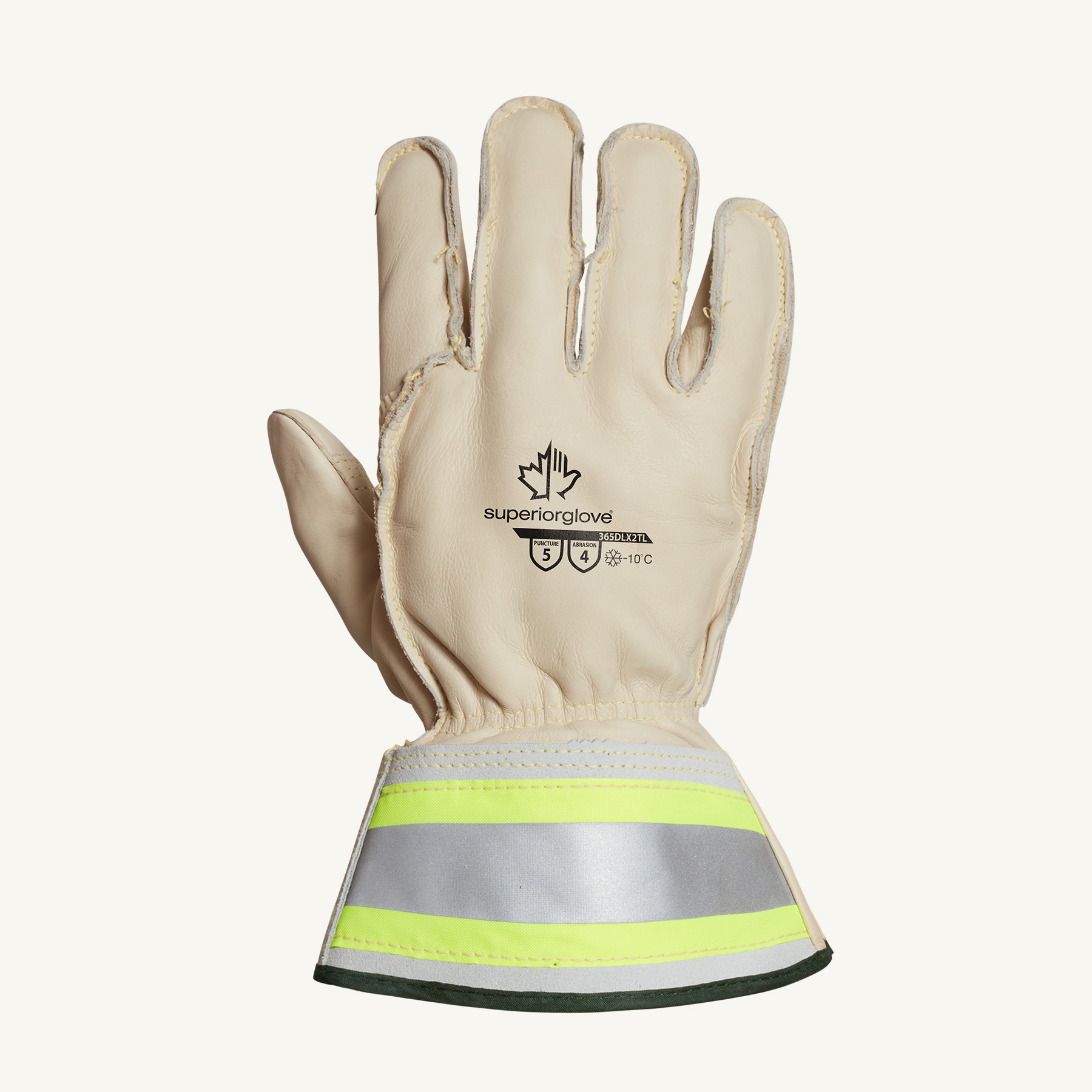 Endura® 365DLX2TLM Deluxe General Purpose Gloves, Lineman/Rigging, Thumb/Palm Patch Style, M, Grain Horsehide Leather Palm, Kevlar®, Beige/Hi-Viz Yellow, Safety Gauntlet Cuff, Resists: Water, Oil and Stain, C100 Thinsulate™ Lining