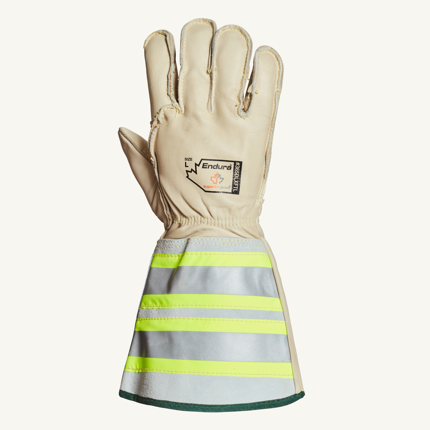 Endura® 365DLXFTLM Deluxe General Purpose Gloves With 6 in Reflective Gauntlet Cuff, Lineman/Rigging, Thumb/Palm Patch Style, M, Grain Horsehide Leather Palm, Kevlar®, Beige/Hi-Viz Yellow, Reflective Gauntlet Cuff, Resists: Water, Oil and Stain