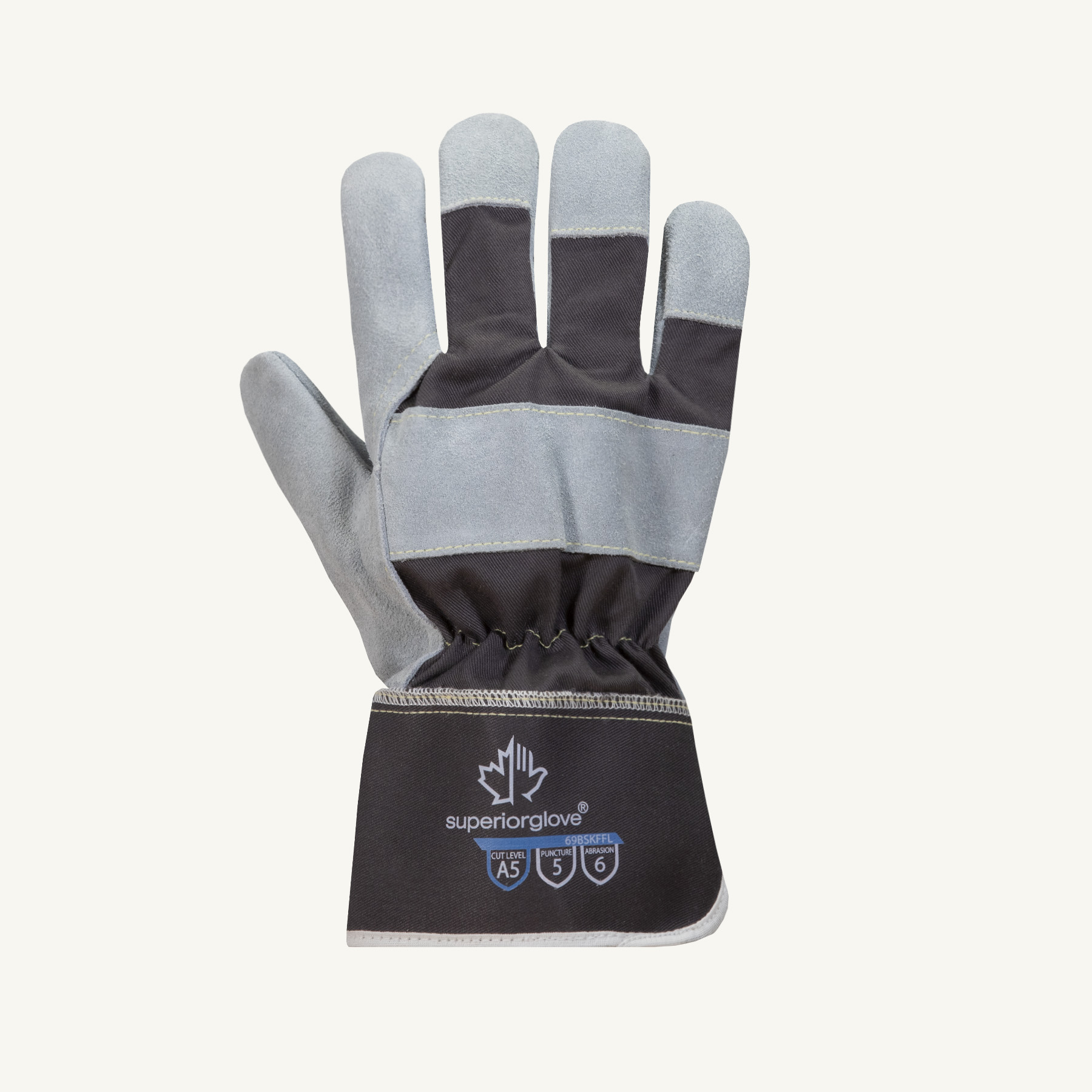 Endura® 69BSKFFL/S Premium Grade Cut Resistant Gloves, S, Cotton Twill Back/Side Split Leather, Knit Wrist Cuff, Resists: Cut and Puncture, ANSI Cut-Resistance Level: A5, ANSI Puncture-Resistance Level: 4