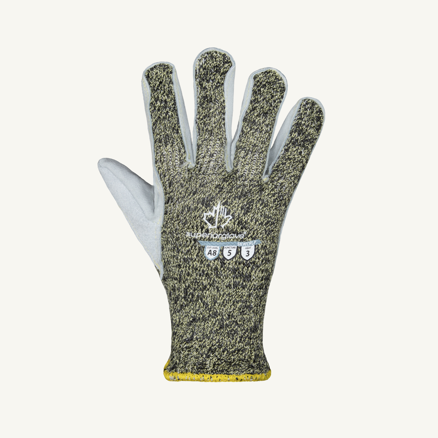 Emerald CX® SKWCPLP/M Cut Resistant Gloves, M, Split Leather Coating, Kevlar® Polyester/Stainless Steel, String Knit Wrist Cuff, Resists: Cut, Heat and Puncture, ANSI Cut-Resistance Level: A5, ANSI Puncture-Resistance Level: 4