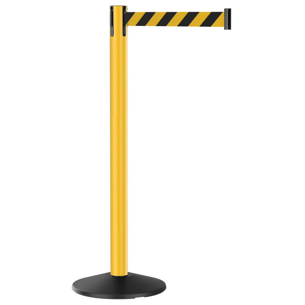 Visiontron® Retracta-Belt G5 Prime Stanchion - 10', Yellow and Black Striped Belt, 40" Post with Yellow Aluminum Finish, Cast Iron Base